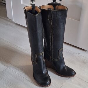 FRYE CAROLINE CAMPUS WEDGE BOOTS Black Leather Sz 6 EUC